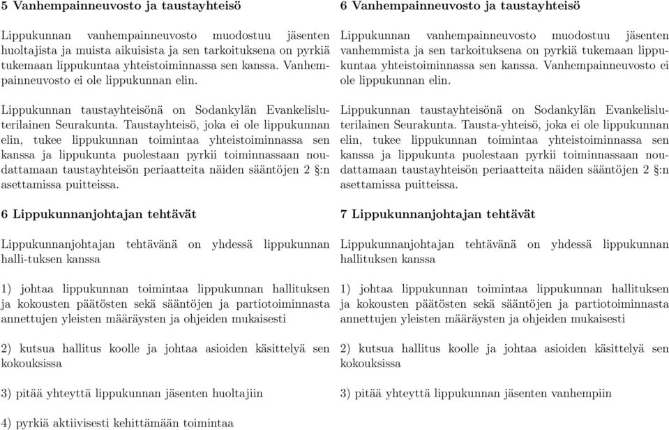 Taustayhteisö, joka ei ole lippukunnan elin, tukee lippukunnan toimintaa yhteistoiminnassa sen kanssa ja lippukunta puolestaan pyrkii toiminnassaan noudattamaan taustayhteisön periaatteita näiden