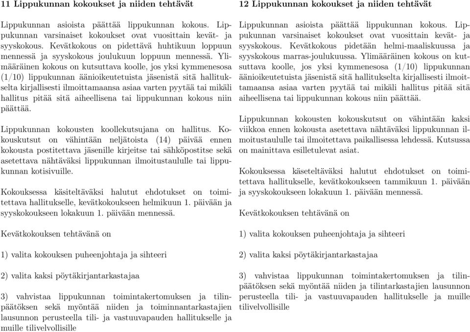 Ylimääräinen kokous on kutsuttava koolle, jos yksi kymmenesosa (1/10) lippukunnan äänioikeutetuista jäsenistä sitä hallitukselta kirjallisesti ilmoittamaansa asiaa varten pyytää tai mikäli hallitus