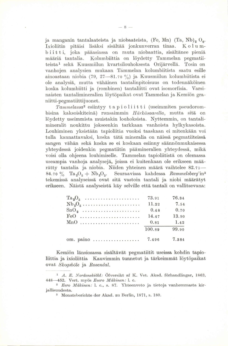 Tosin on vanhojen analysien mukaan Tämmelan kolumbiitista saatu esille ainoastaan niobia (79, 27-81.