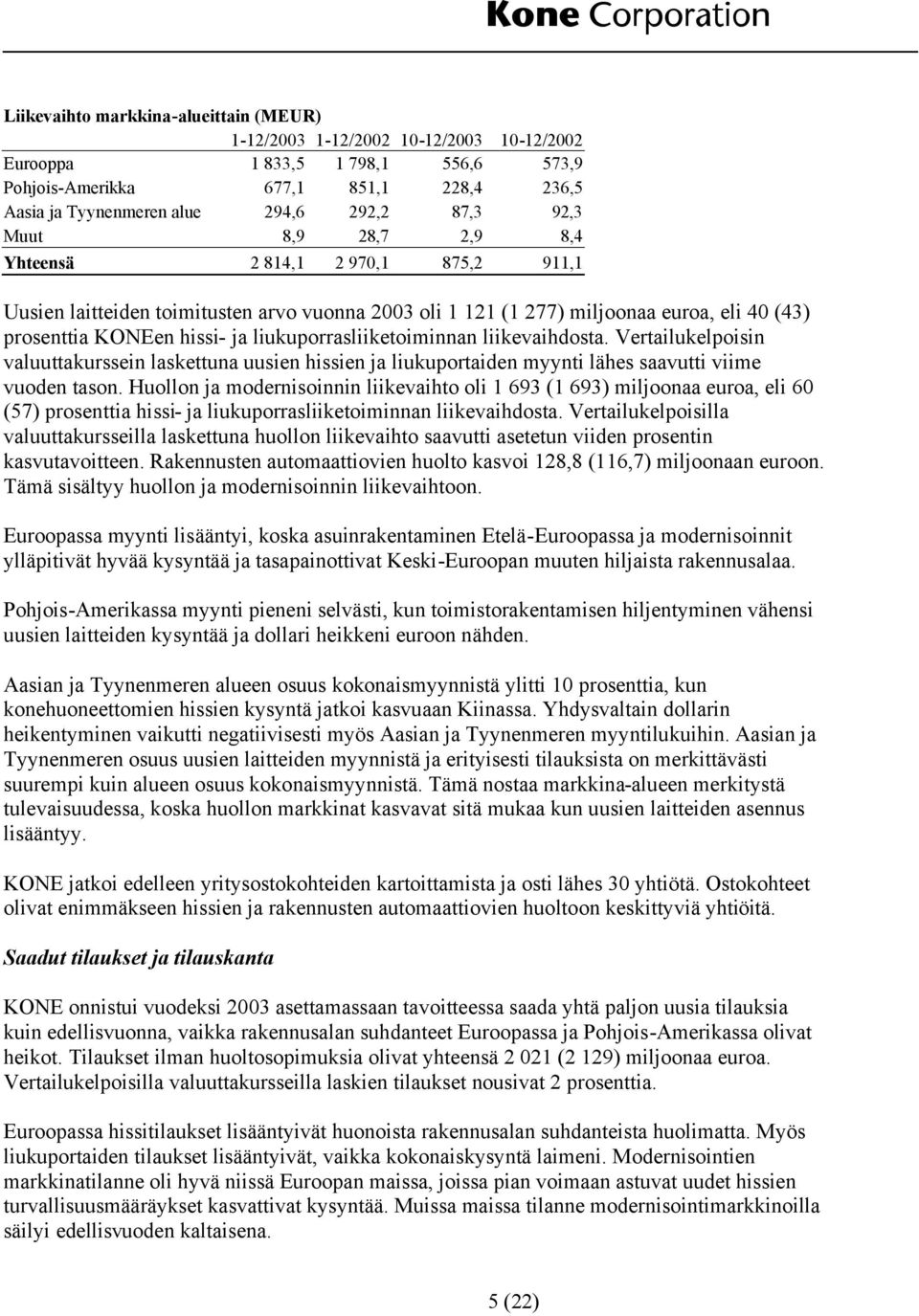liukuporrasliiketoiminnan liikevaihdosta. Vertailukelpoisin valuuttakurssein laskettuna uusien hissien ja liukuportaiden myynti lähes saavutti viime vuoden tason.