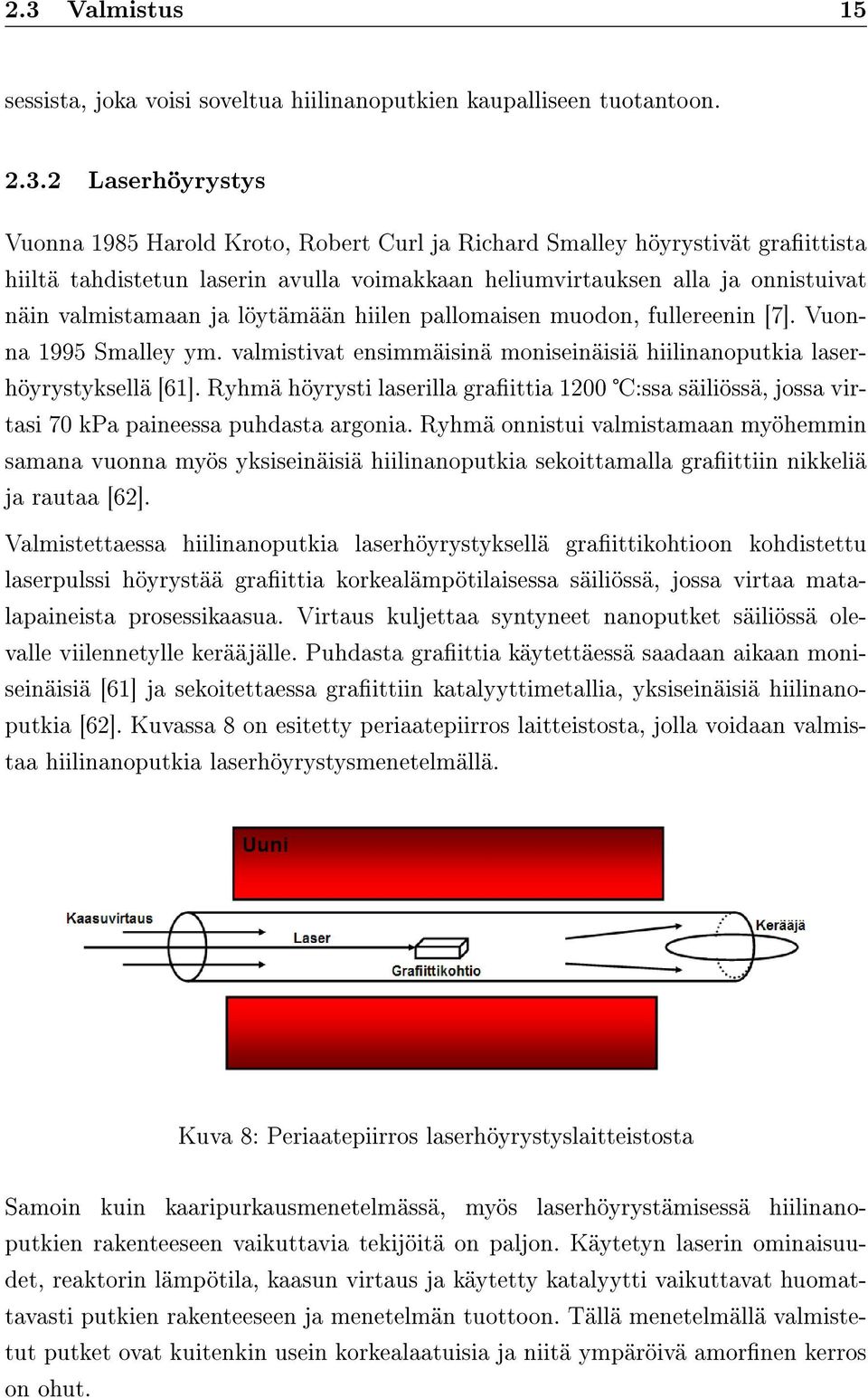 valmistivat ensimmäisinä moniseinäisiä hiilinanoputkia laserhöyrystyksellä [61]. Ryhmä höyrysti laserilla graittia 1200 :ssa säiliössä, jossa virtasi 70 kpa paineessa puhdasta argonia.