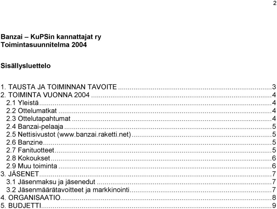 5 Nettisivustot (www.banzai.raketti.net)...5 2.6 Banzine...5 2.7 Fanituotteet...5 2.8 Kokoukset...6 2.9 Muu toiminta.