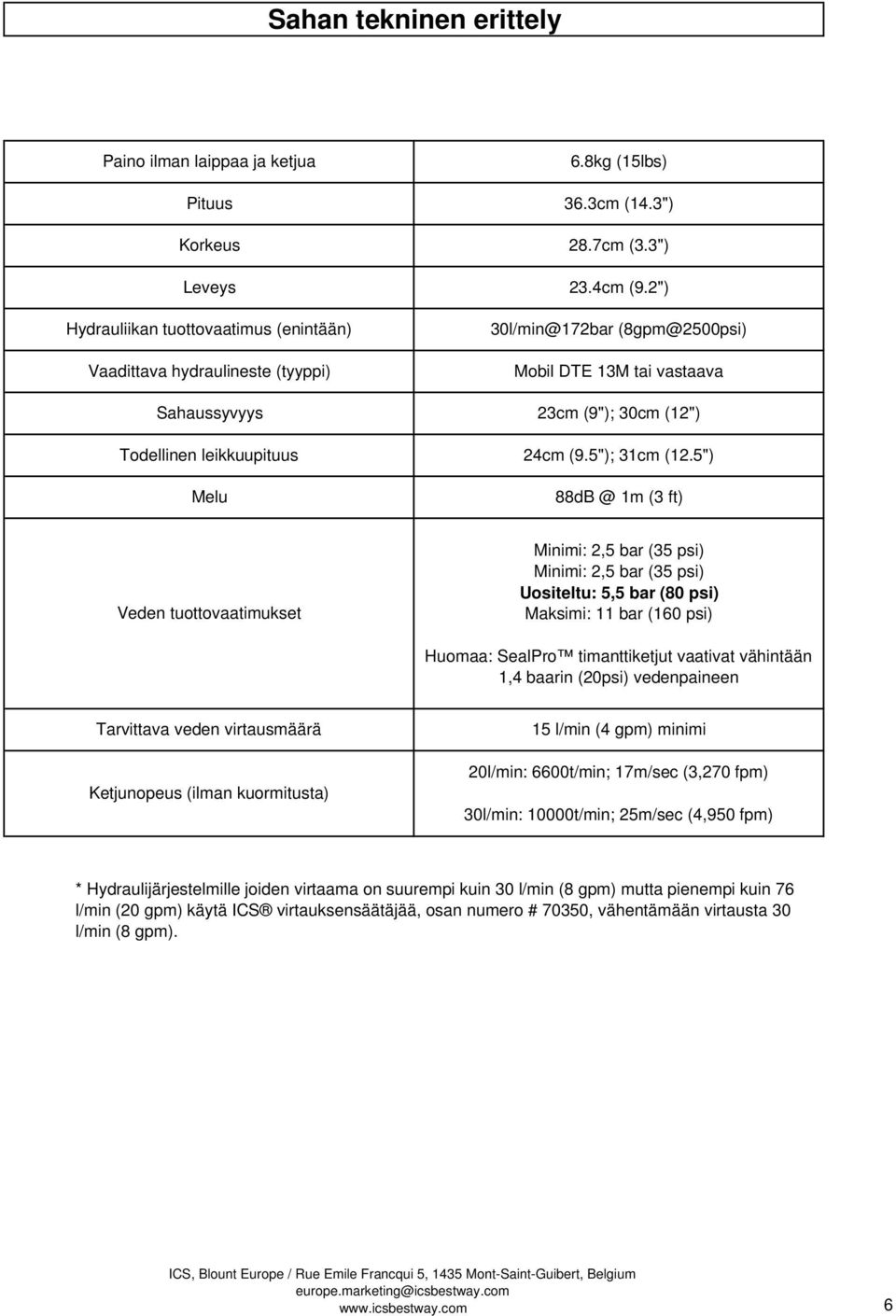 2") 30l/min@172bar (8gpm@2500psi) Mobil DTE 13M tai vastaava 23cm (9"); 30cm (12") Todellinen leikkuupituus 24cm (9.5"); 31cm (12.