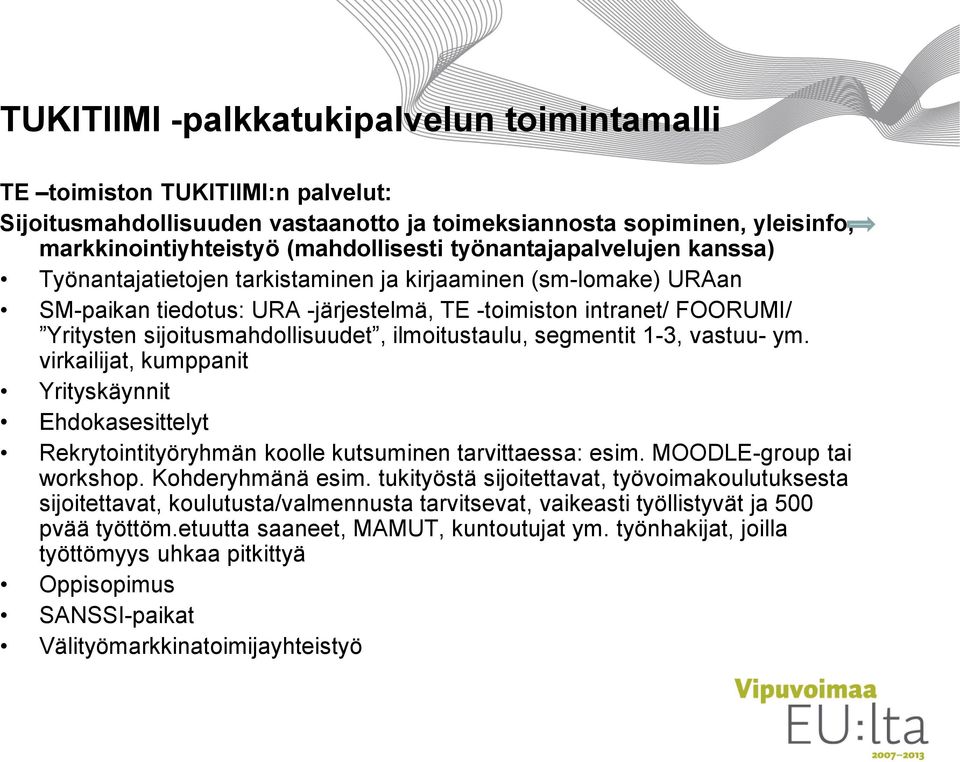 ilmoitustaulu, segmentit 1-3, vastuu- ym. virkailijat, kumppanit Yrityskäynnit Ehdokasesittelyt Rekrytointityöryhmän koolle kutsuminen tarvittaessa: esim. MOODLE-group tai workshop. Kohderyhmänä esim.