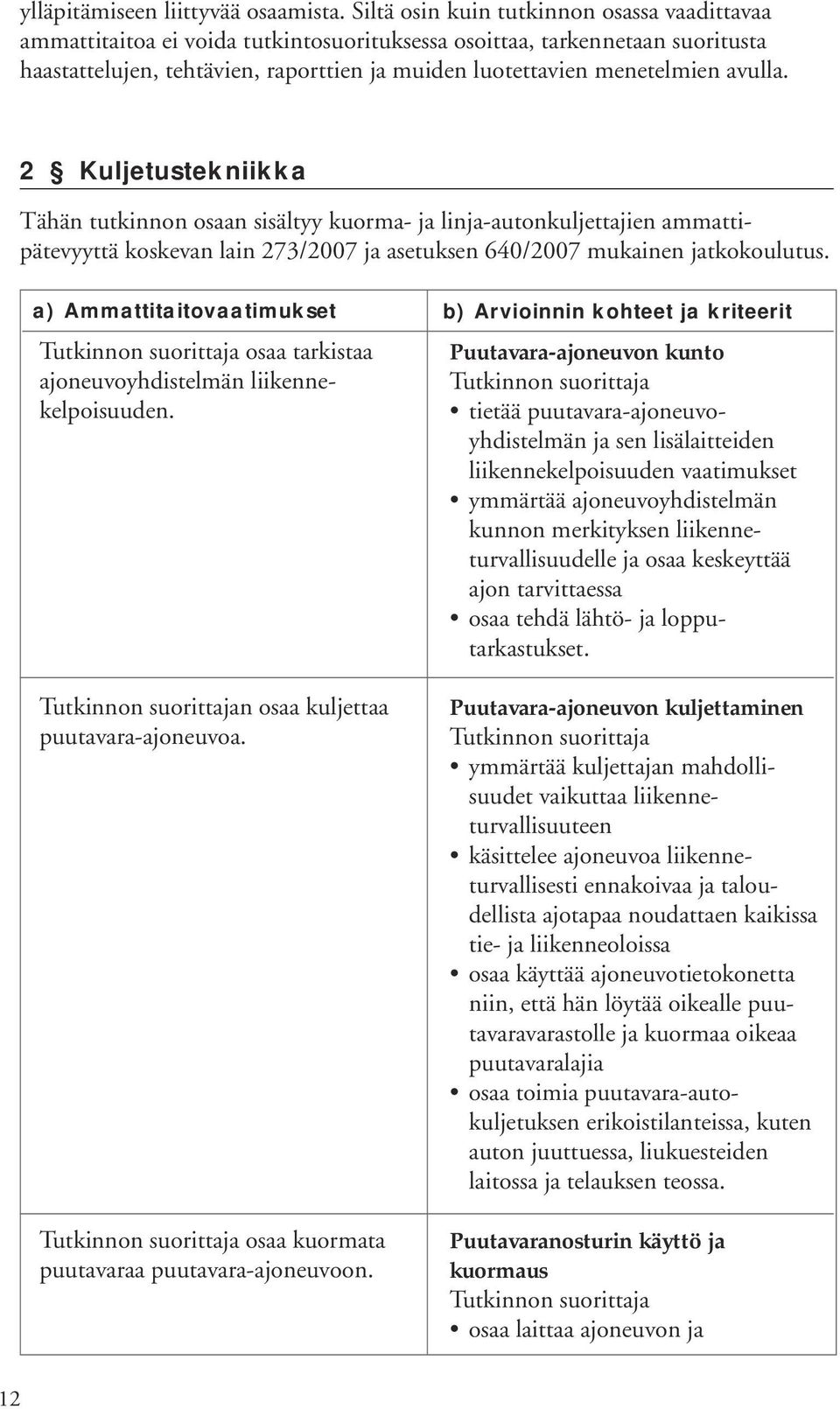 avulla. 2 Kuljetustekniikka Tähän tutkinnon osaan sisältyy kuorma- ja linja-autonkuljettajien ammattipätevyyttä koskevan lain 273/2007 ja asetuksen 640/2007 mukainen jatkokoulutus.