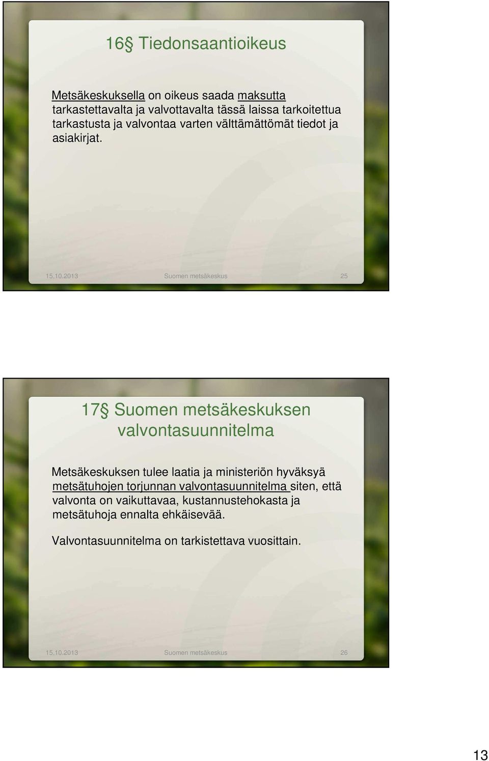 2013 Suomen metsäkeskus 25 17 Suomen metsäkeskuksen valvontasuunnitelma Metsäkeskuksen tulee laatia ja ministeriön hyväksyä
