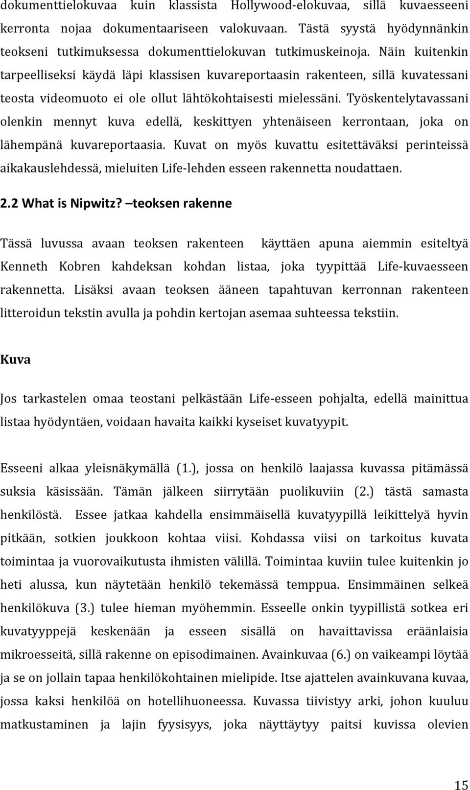 Näin kuitenkin tarpeelliseksi käydä läpi klassisen kuvareportaasin rakenteen, sillä kuvatessani teosta videomuoto ei ole ollut lähtökohtaisesti mielessäni.