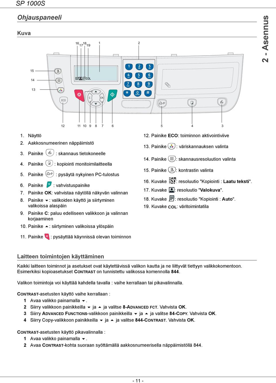 Painike : valikoiden käyttö ja siirtyminen valikoissa alaspäin 9. Painike C: paluu edelliseen valikkoon ja valinnan korjaaminen 10. Painike : siirtyminen valikoissa ylöspäin 12.