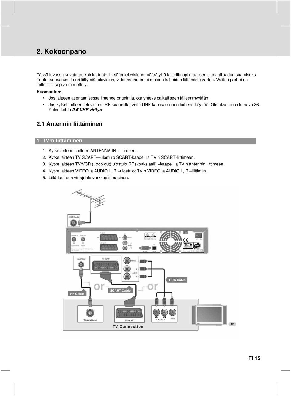 Jos laitteen asentamisessa ilmenee ongelmia, ota yhteys paikalliseen jälleenmyyjään. Jos kytket laitteen televisioon RF-kaapelilla, viritä UHF-kanava ennen laitteen käyttöä. Oletuksena on kanava 36.