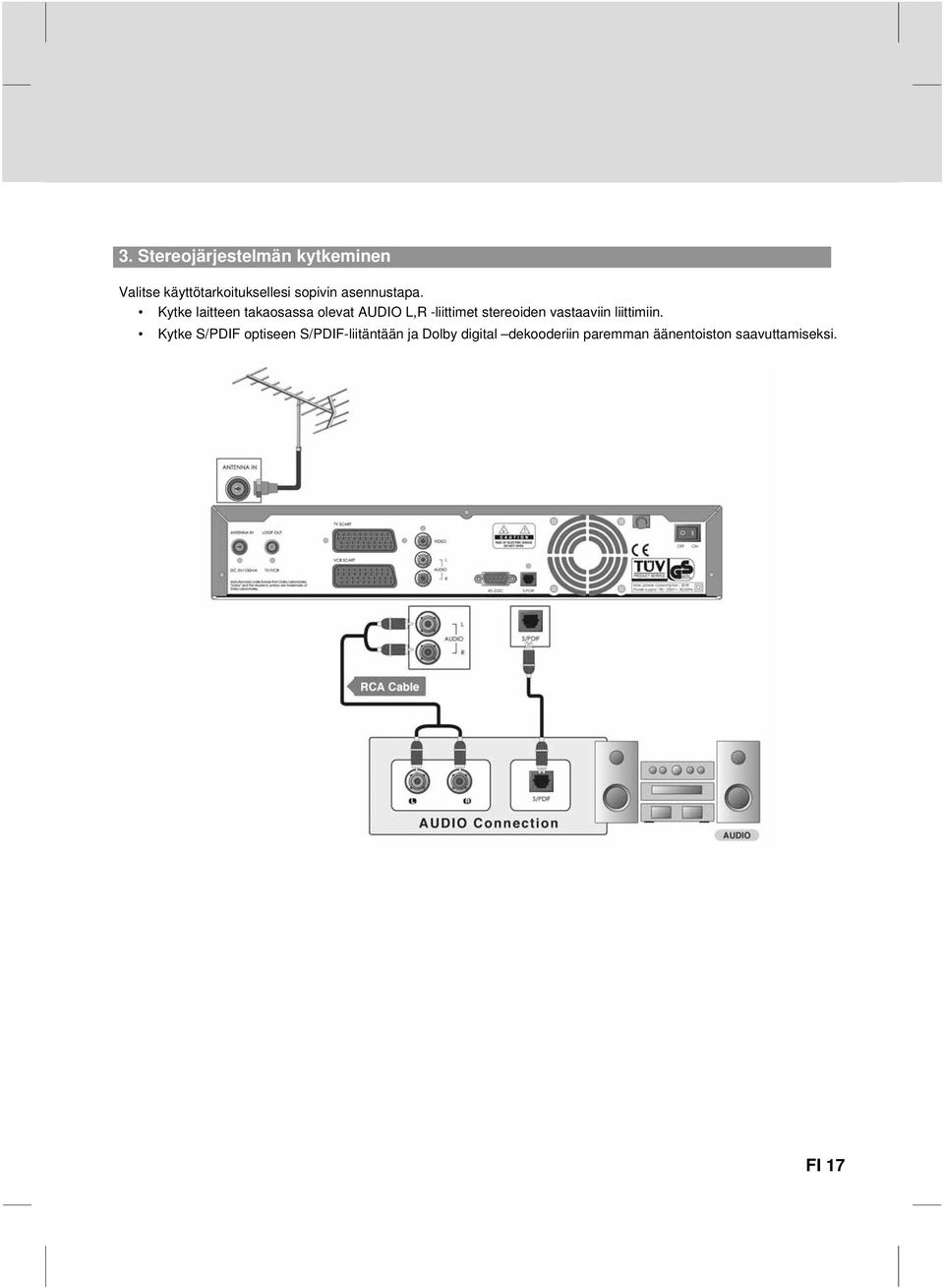 Kytke laitteen takaosassa olevat AUDIO L,R -liittimet stereoiden