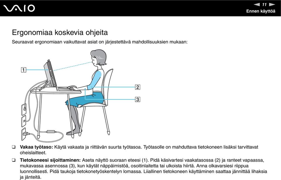 Tietokoneesi sijoittaminen: Aseta näyttö suoraan eteesi (1).