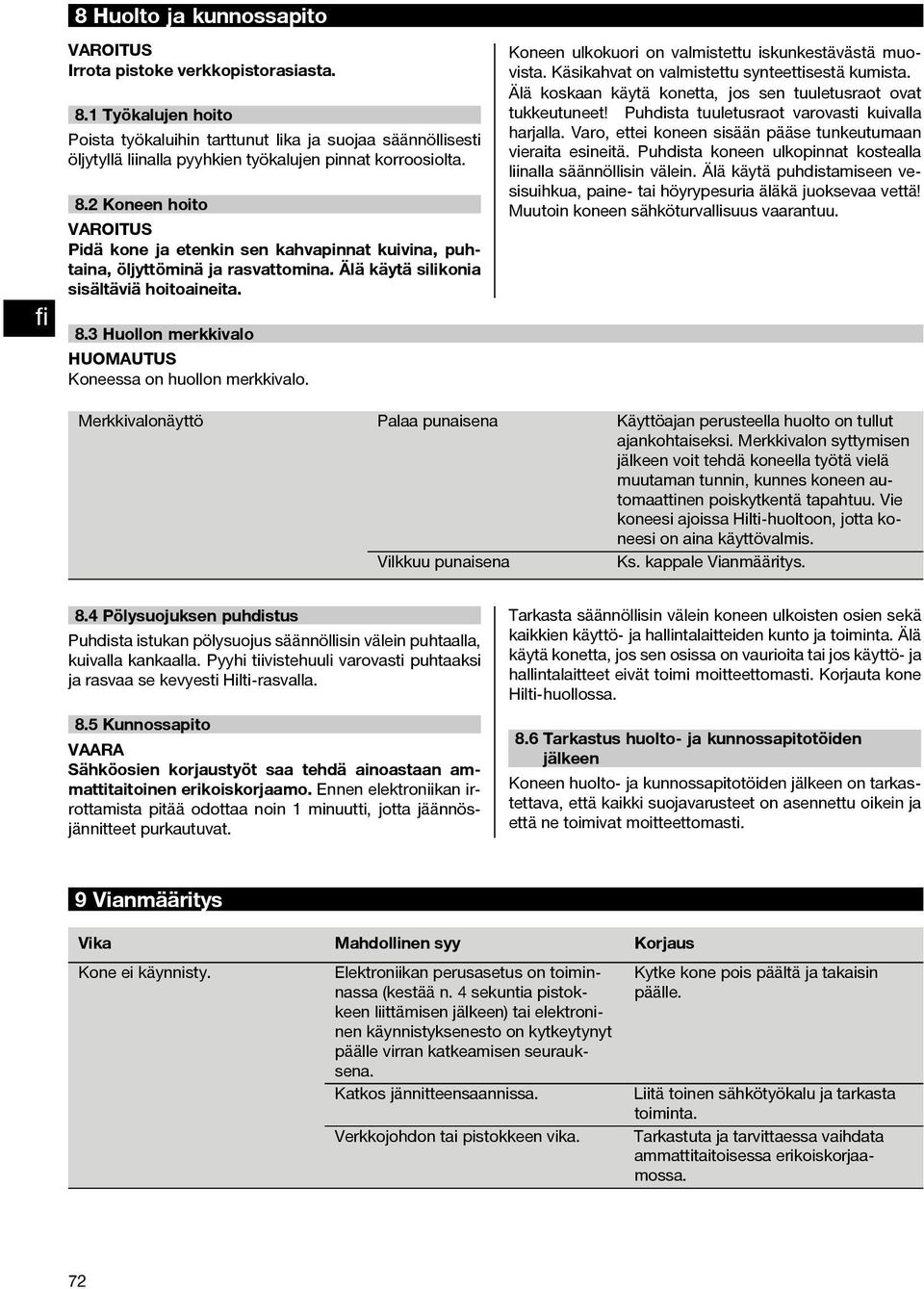 2 Koneen hoito VAROITUS Pidä kone ja etenkin sen kahvapinnat kuivina, puhtaina, öljyttöminä ja rasvattomina. Älä käytä silikonia sisältäviä hoitoaineita.