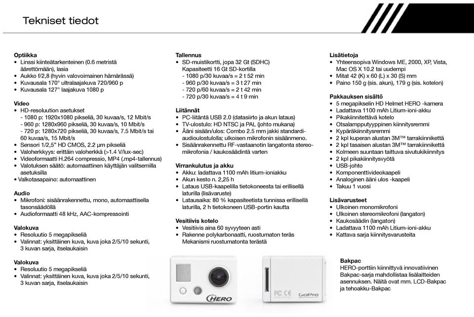 pikseliä, 30 kuvaa/s, 12 Mbit/s - 960 p: 1280x960 pikseliä, 30 kuvaa/s, 10 Mbit/s - 720 p: 1280x720 pikseliä, 30 kuvaa/s, 7.5 Mbit/s tai 60 kuvaa/s, 15 Mbit/s Sensori 1/2,5 HD CMOS, 2.