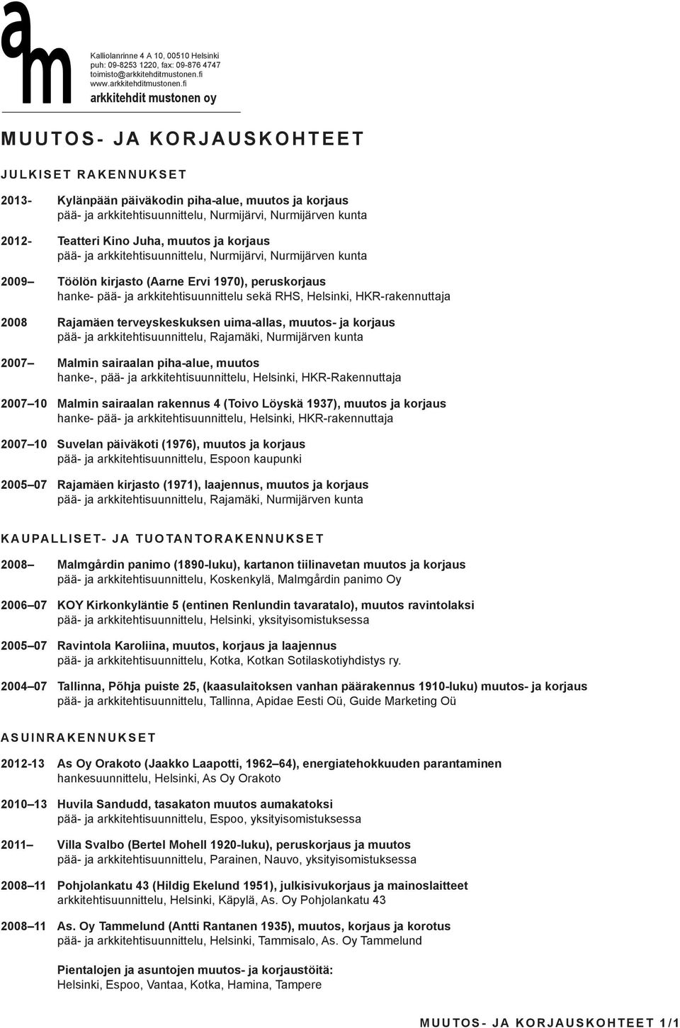 2008 Rajamäen terveyskeskuksen uima-allas, muutos- ja korjaus 2007 Malmin sairaalan piha-alue, muutos hanke-, pää- ja arkkitehtisuunnittelu, Helsinki, HKR-Rakennuttaja 2007 10 Malmin sairaalan