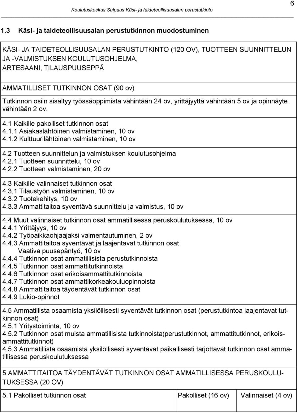 1.2 Kulttuurilähtöinen valmistaminen, 10 ov 4.2 Tuotteen suunnittelun ja valmistuksen koulutusohjelma 4.2.1 Tuotteen suunnittelu, 10 ov 4.2.2 Tuotteen valmistaminen, 20 ov 4.