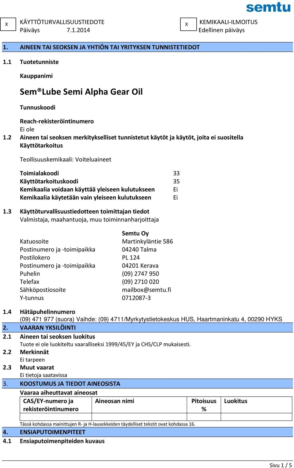 2 Aineen tai seoksen merkitykselliset tunnistetut käytöt ja käytöt, joita ei suositella Käyttötarkoitus Teollisuuskemikaali: Voiteluaineet Toimialakoodi 33 Käyttötarkoituskoodi 35 Kemikaalia voidaan