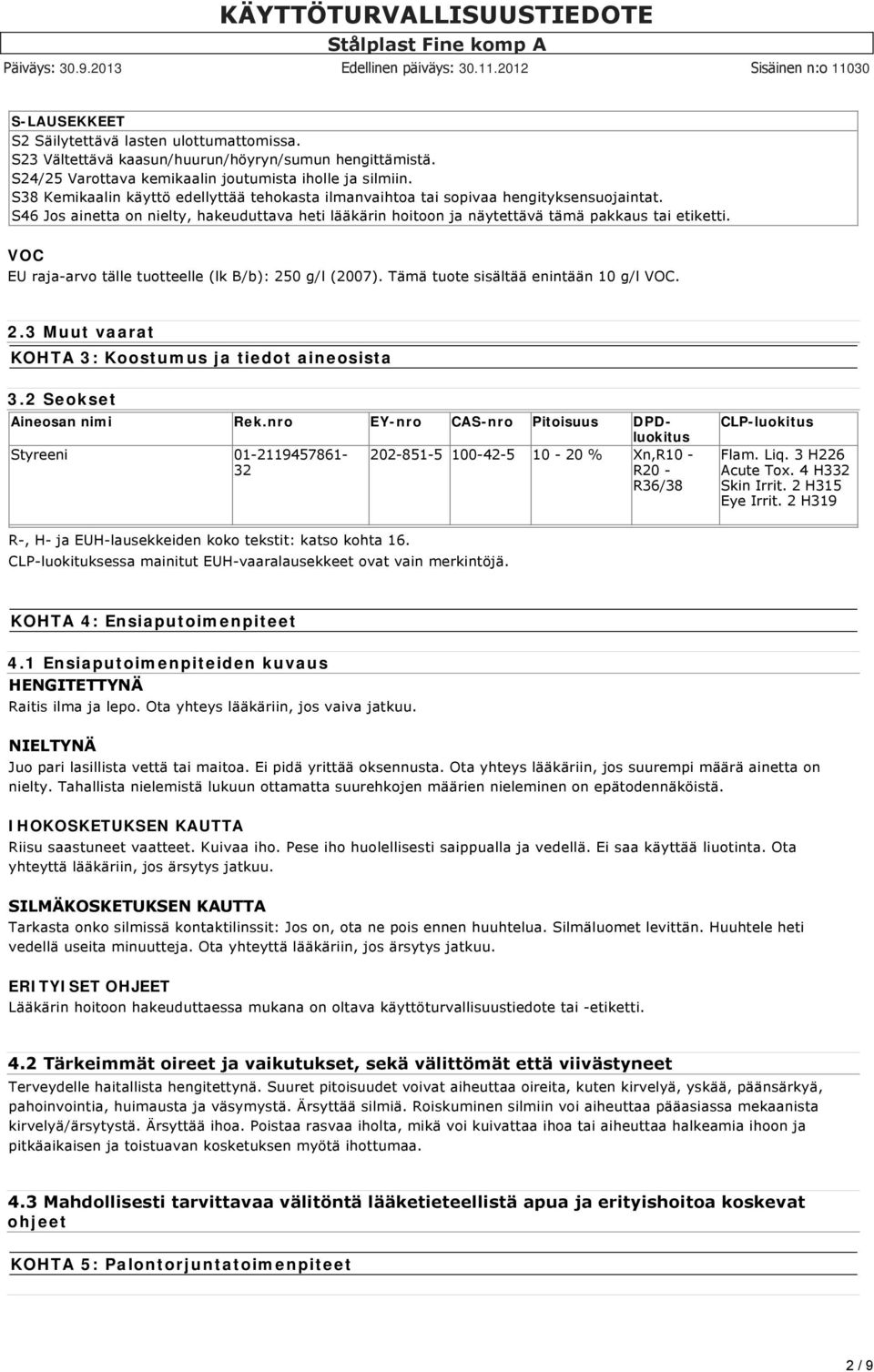 VOC EU raja arvo tälle tuotteelle (lk B/b): 250 g/l (2007). Tämä tuote sisältää enintään 10 g/l VOC. 2.3 Muut vaarat KOHTA 3: Koostumus ja tiedot aineosista 3.2 Seokset Aineosan nimi Rek.