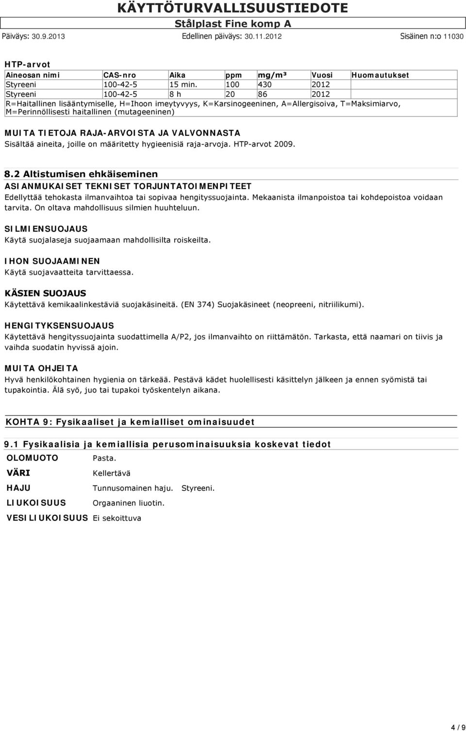 TIETOJA RAJA-ARVOISTA JA VALVONNASTA Sisältää aineita, joille on määritetty hygieenisiä raja arvoja. HTP arvot 2009. 8.