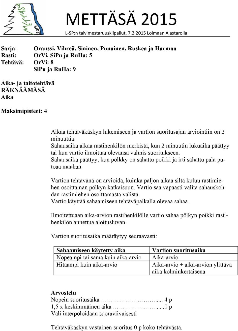 Sahausaika alkaa rastihenkilön merkistä, kun 2 minuutin lukuaika päättyy tai kun vartio ilmoittaa olevansa valmis suoritukseen.