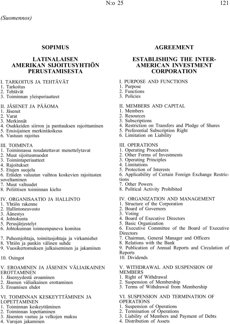 Muut sijoitusmuodot 3. Toimintaperiaatteet 4. Rajoitukset 5. Etujen suojelu 6. Eräiden valuutan vaihtoa koskevien rajoitusten soveltaminen 7. Muut valtuudet 8. Poliittisen toiminnan kielto IV.