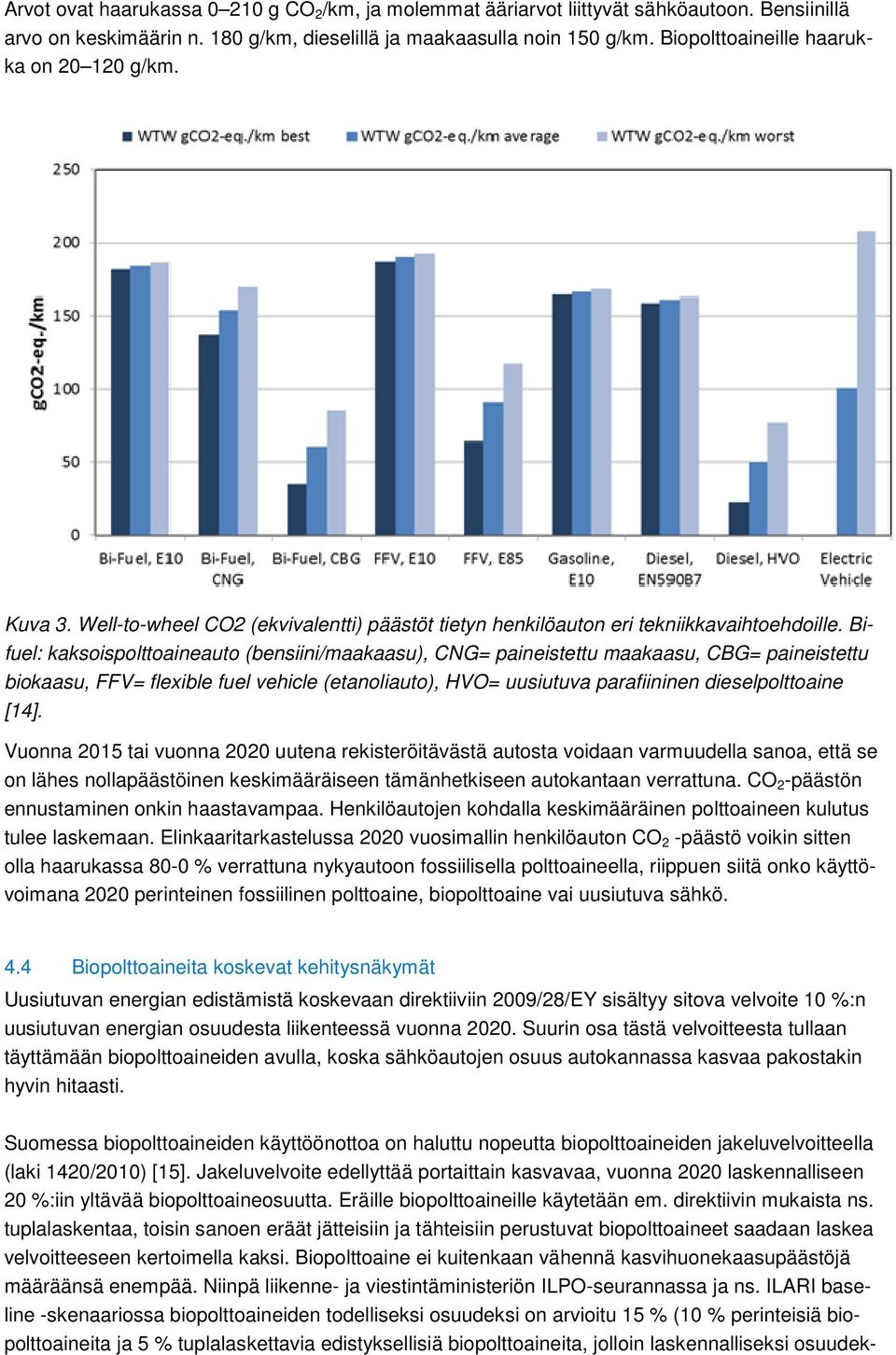 Bifuel: kaksoispolttoaineauto (bensiini/maakaasu), CNG= paineistettu maakaasu, CBG= paineistettu biokaasu, FFV= flexible fuel vehicle (etanoliauto), HVO= uusiutuva parafiininen dieselpolttoaine [14].