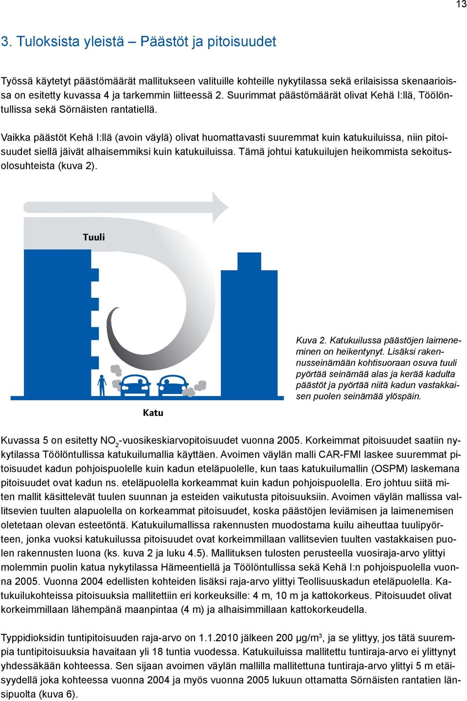 Vaikka päästöt Kehä I:llä (avoin väylä) olivat huomattavasti suuremmat kuin katukuiluissa, niin pitoisuudet siellä jäivät alhaisemmiksi kuin katukuiluissa.