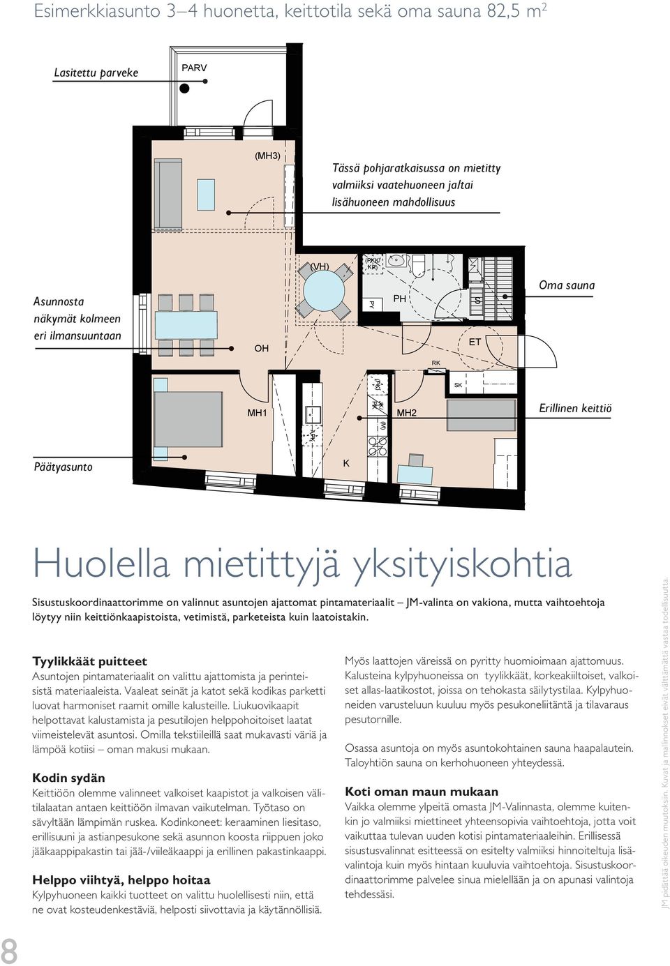 Huolella mietittyjä yksityiskohtia Sisustuskoordinaattorimme on valinnut asuntojen ajattomat pintamateriaalit JM-valinta on vakiona, mutta vaihtoehtoja löytyy niin keittiönkaapistoista, vetimistä,