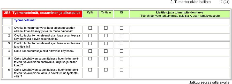 3 Ovatko tuotantomenetelmät ajan tasalla suhteessa tavoitteisiin? 4 Onko koneresursseja ollut riittävästi käytössä?