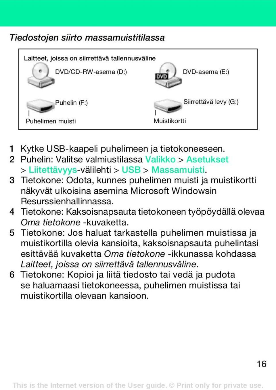 3 Tietokone: Odota, kunnes puhelimen muisti ja muistikortti näkyvät ulkoisina asemina Microsoft Windowsin Resurssienhallinnassa.