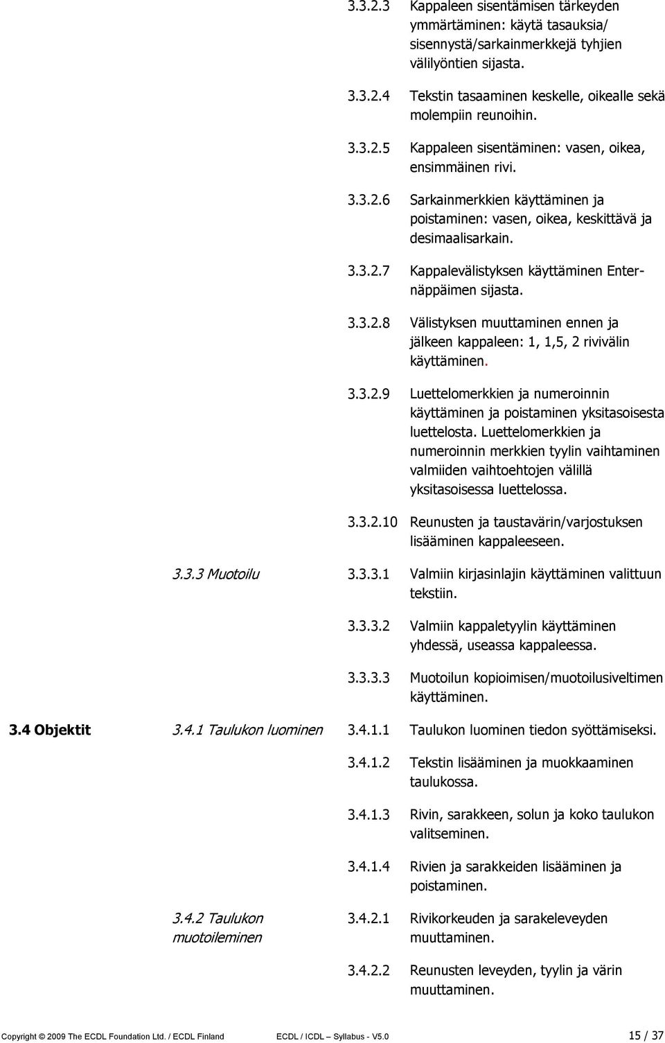 3.3.2.8 Välistyksen muuttaminen ennen ja jälkeen kappaleen: 1, 1,5, 2 rivivälin käyttäminen. 3.3.2.9 Luettelomerkkien ja numeroinnin käyttäminen ja poistaminen yksitasoisesta luettelosta.