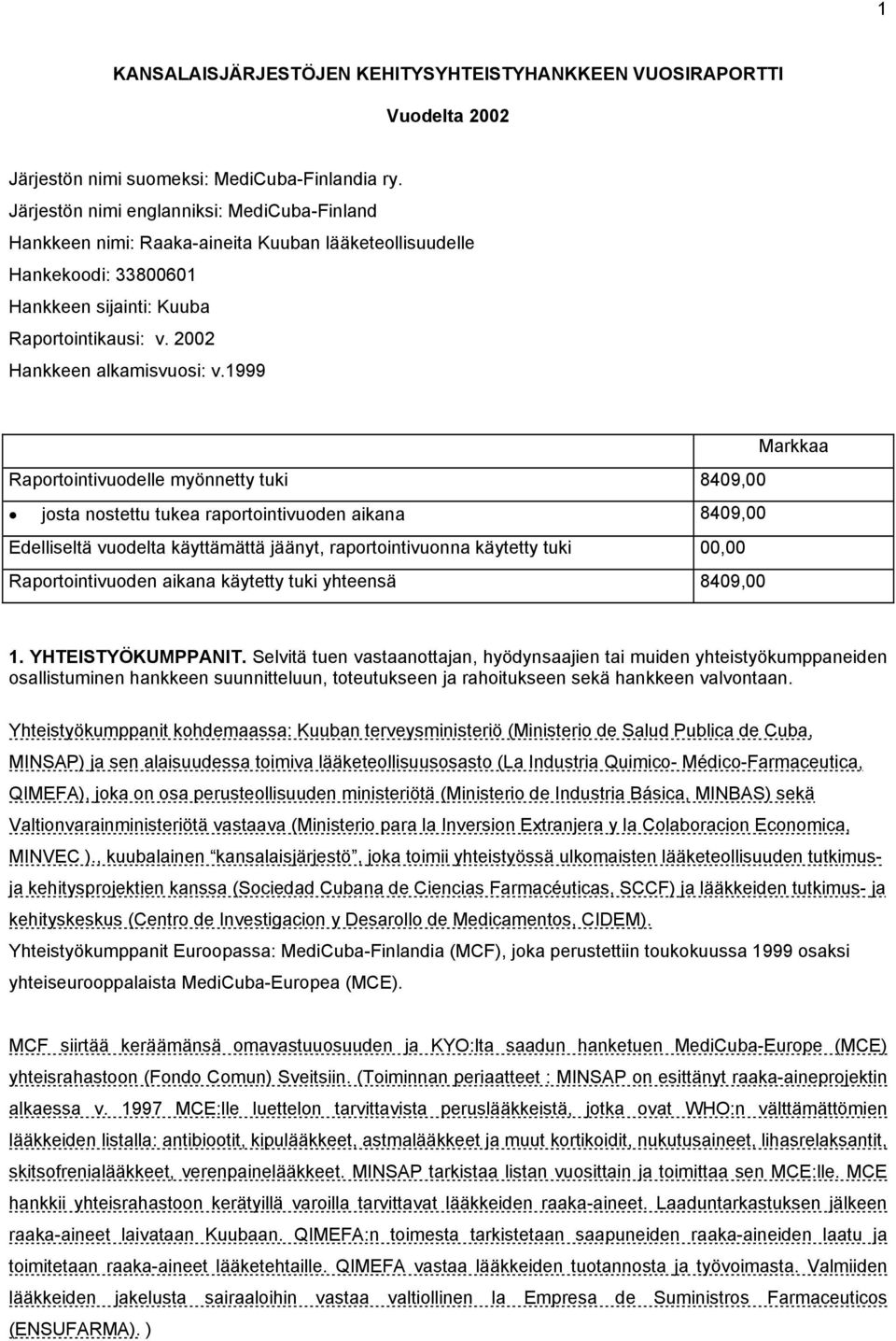 1999 Markkaa Raportointivuodelle myönnetty tuki 8409,00 josta nostettu tukea raportointivuoden aikana 8409,00 Edelliseltä vuodelta käyttämättä jäänyt, raportointivuonna käytetty tuki 00,00