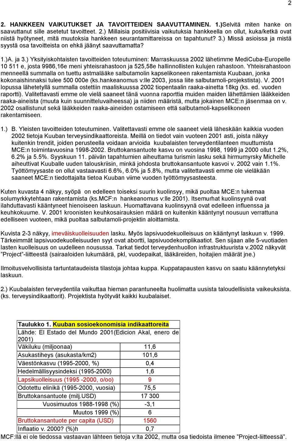 ) Yksityiskohtaisten tavoitteiden toteutuminen: Marraskuussa 2002 lähetimme MediCuba-Europelle 10 511 e, josta 9986,16e meni yhteisrahastoon ja 525,58e hallinnollisten kulujen rahastoon.