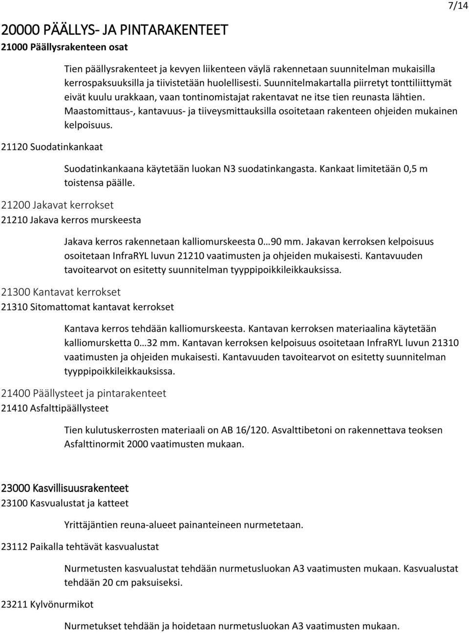 Maastomittaus-, kantavuus- ja tiiveysmittauksilla osoitetaan rakenteen ohjeiden mukainen kelpoisuus. Suodatinkankaana käytetään luokan N3 suodatinkangasta. Kankaat limitetään 0,5 m toistensa päälle.