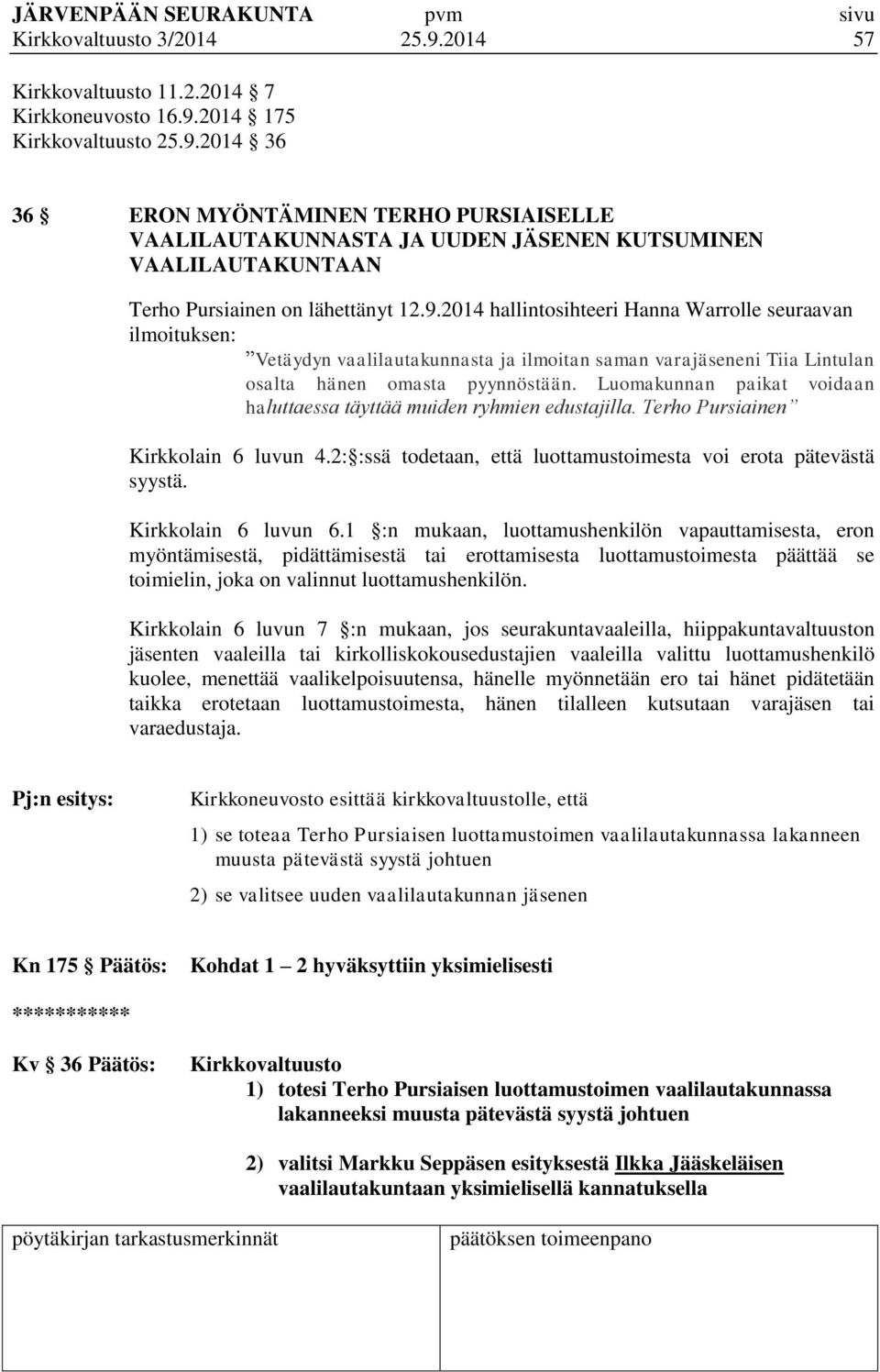 Luomakunnan paikat voidaan haluttaessa täyttää muiden ryhmien edustajilla. Terho Pursiainen Kirkkolain 6 luvun 4.2: :ssä todetaan, että luottamustoimesta voi erota pätevästä syystä.