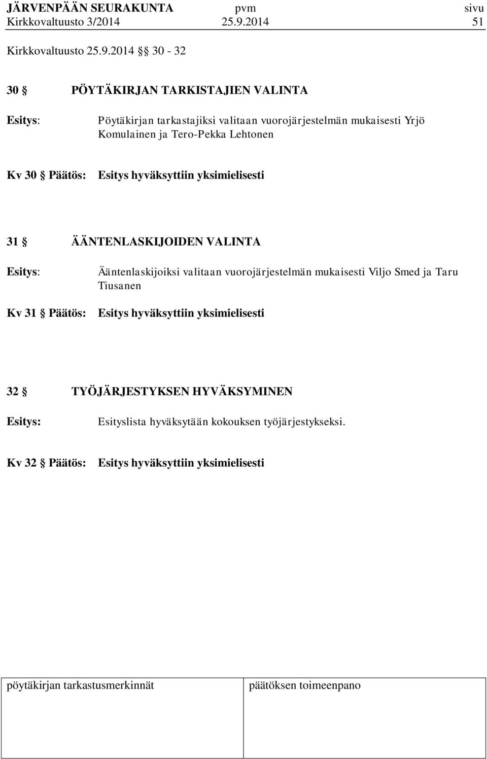 2014 30-32 30 PÖYTÄKIRJAN TARKISTAJIEN VALINTA Esitys: Pöytäkirjan tarkastajiksi valitaan vuorojärjestelmän mukaisesti Yrjö Komulainen ja