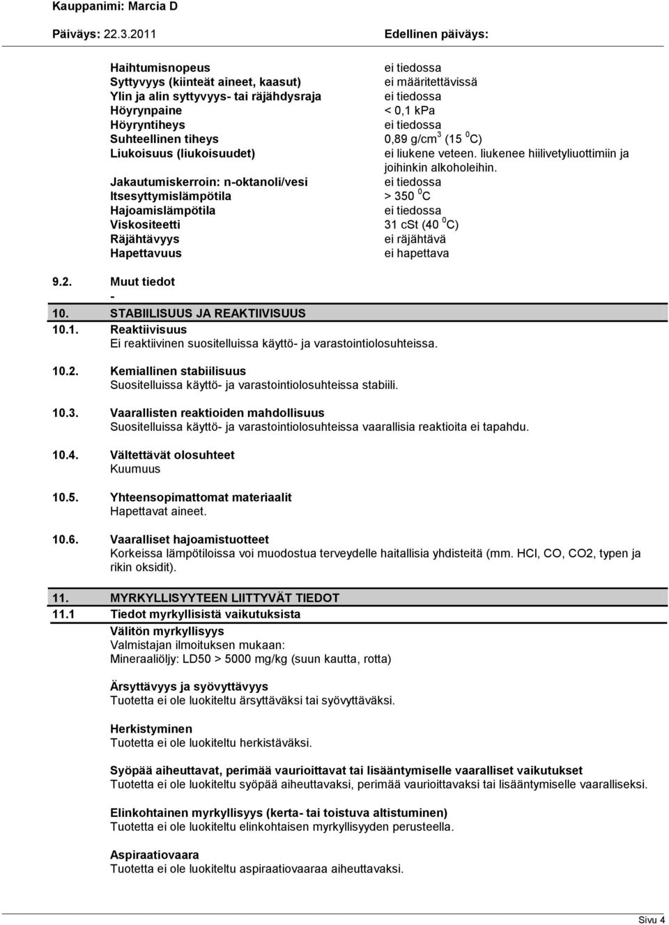 Jakautumiskerroin: noktanoli/vesi Itsesyttymislämpötila > 350 0 C Hajoamislämpötila Viskositeetti 31 cst (40 0 C) Räjähtävyys ei räjähtävä Hapettavuus ei hapettava 9.2. Muut tiedot 10.