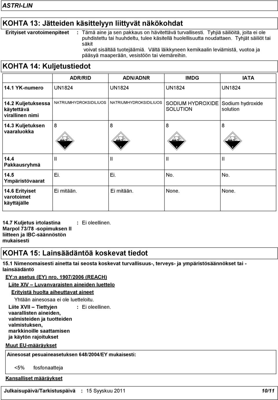 Vältä läikkyneen kemikaalin leviämistä, vuotoa ja pääsyä maaperään, vesistöön tai viemäreihin. KOHTA 14 Kuljetustiedot ADR/RID ADN/ADNR IMDG IATA 14.1 YK-numero UN1824 UN1824 UN1824 UN1824 14.