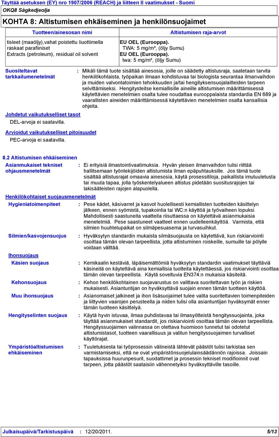 twa 5 mg/m³, (öljy Sumu) Altistumisen rajaarvot Mikäli tämä tuote sisältää ainesosia, joille on säädetty altistusraja, saatetaan tarvita henkilökohtaista, työpaikan ilmaan kohdistuvaa tai biologista