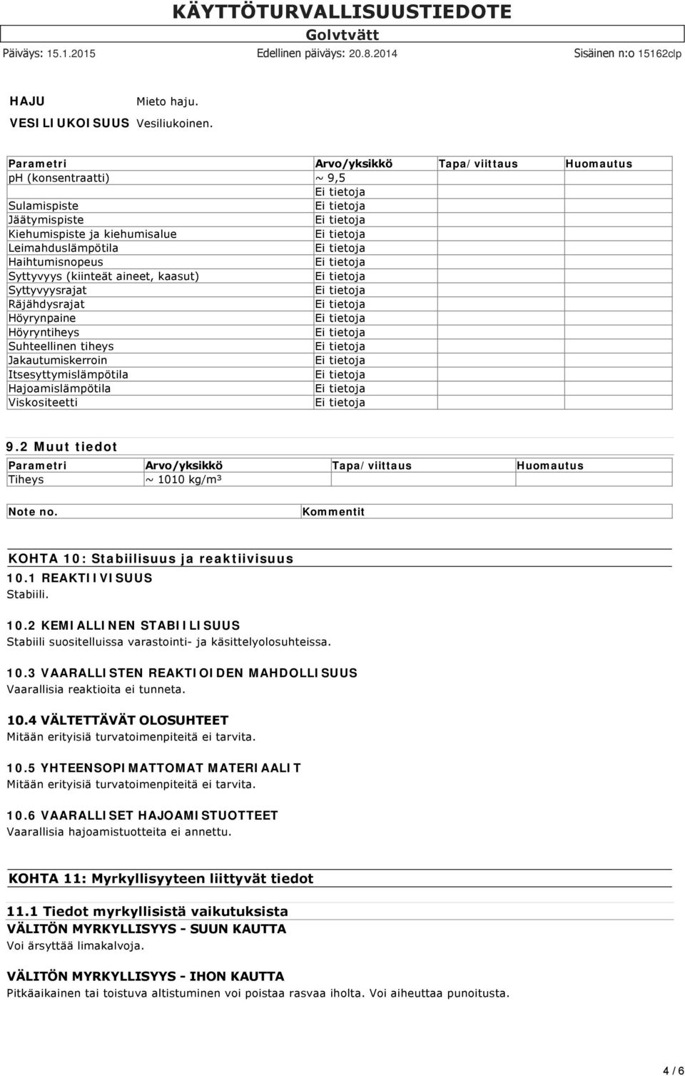 Syttyvyysrajat Räjähdysrajat Höyrynpaine Höyryntiheys Suhteellinen tiheys Jakautumiskerroin Itsesyttymislämpötila Hajoamislämpötila Viskositeetti 9.