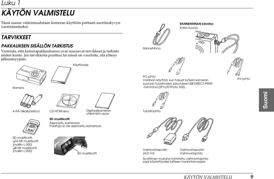 Rannehihna Käyttöohje Kamera PC-johto Voidaan käyttää, kun haluat kytkeä kameran suoraan tulostimeen, joka tukee USB DIRECT-PRINT -toimintoa (STYLUS Photo 935).