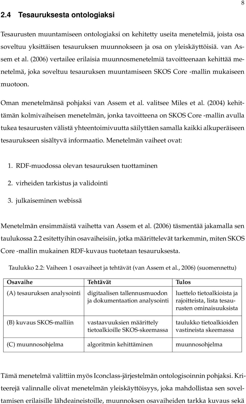 Oman menetelmänsä pohjaksi van Assem et al. valitsee Miles et al.