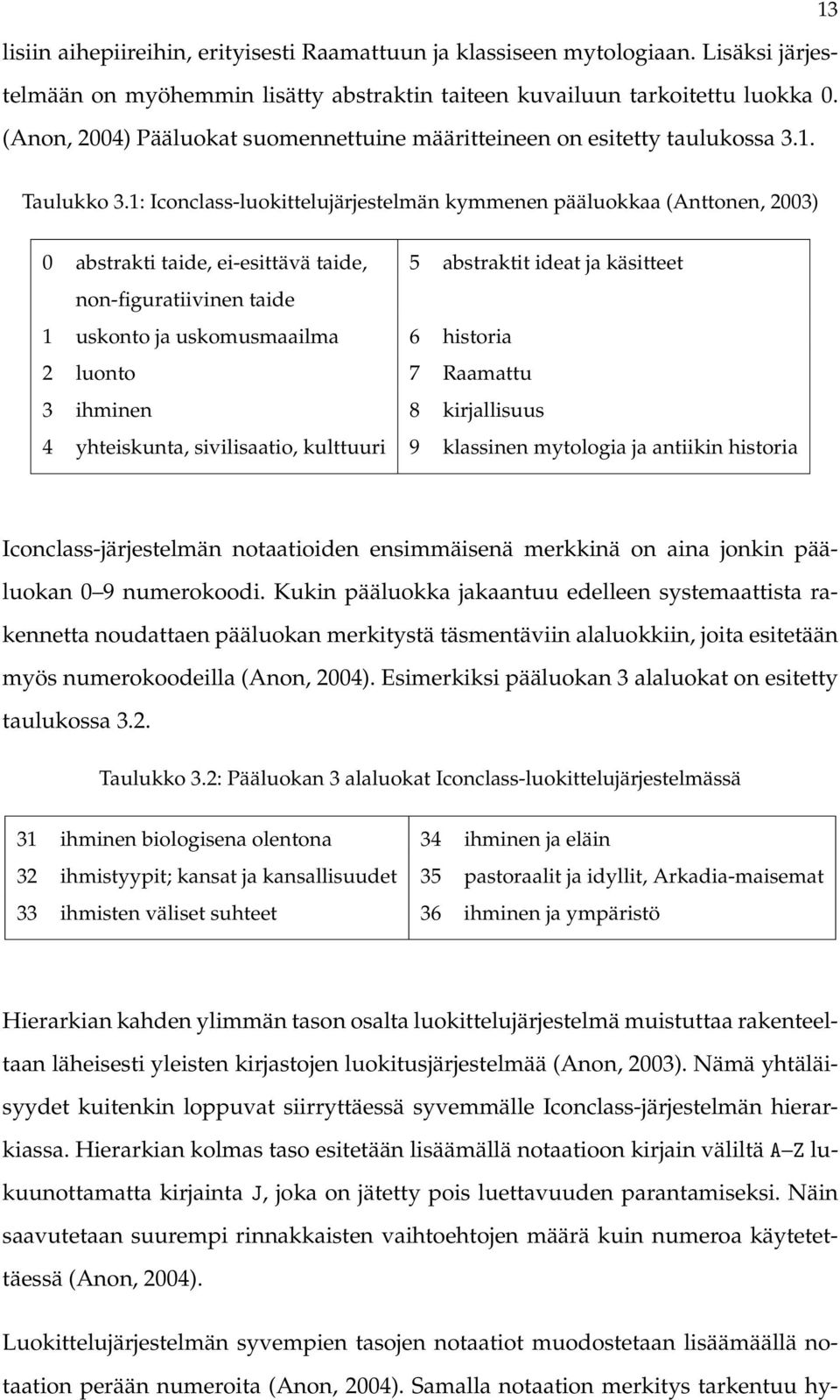 1: Iconclass-luokittelujärjestelmän kymmenen pääluokkaa (Anttonen, 2003) 0 abstrakti taide, ei-esittävä taide, 5 abstraktit ideat ja käsitteet non-figuratiivinen taide 1 uskonto ja uskomusmaailma 6