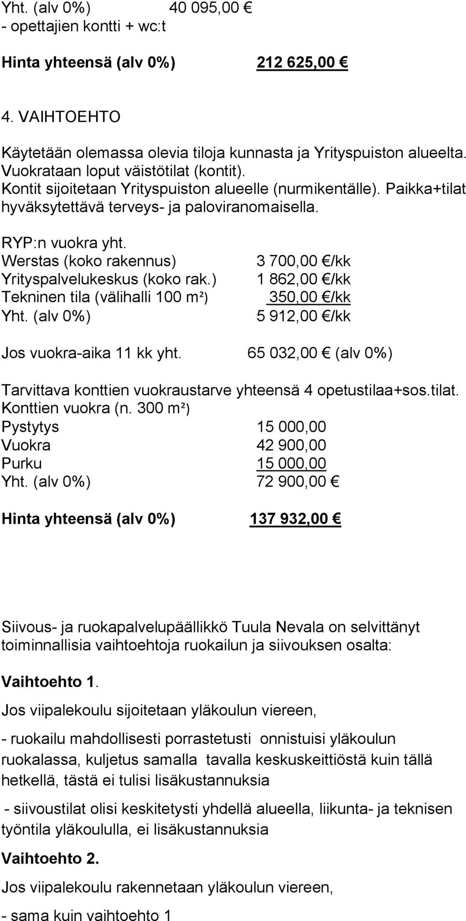 Werstas (koko rakennus) Yrityspalvelukeskus (koko rak.) Tekninen tila (välihalli 100 m²) Yht. (alv 0%) 3 700,00 /kk 1 862,00 /kk 350,00 /kk 5 912,00 /kk Jos vuokra-aika 11 kk yht.