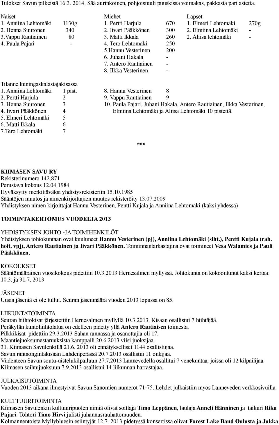 Hannu Vesterinen 200 6. Juhani Hakala - 7. Antero Rautiainen - 8. Ilkka Vesterinen - Tilanne kuningaskalastajakisassa 1. Anniina Lehtomäki 1 pist. 8. Hannu Vesterinen 8 2. Pertti Harjula 2 9.