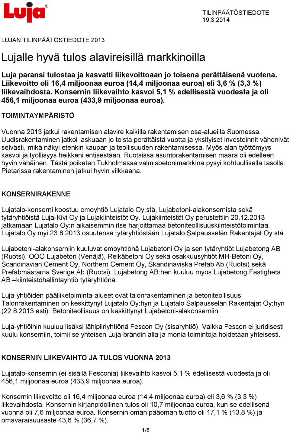 Konsernin liikevaihto kasvoi 5,1 % edellisestä vuodesta ja oli 456,1 miljoonaa euroa (433,9 miljoonaa euroa).