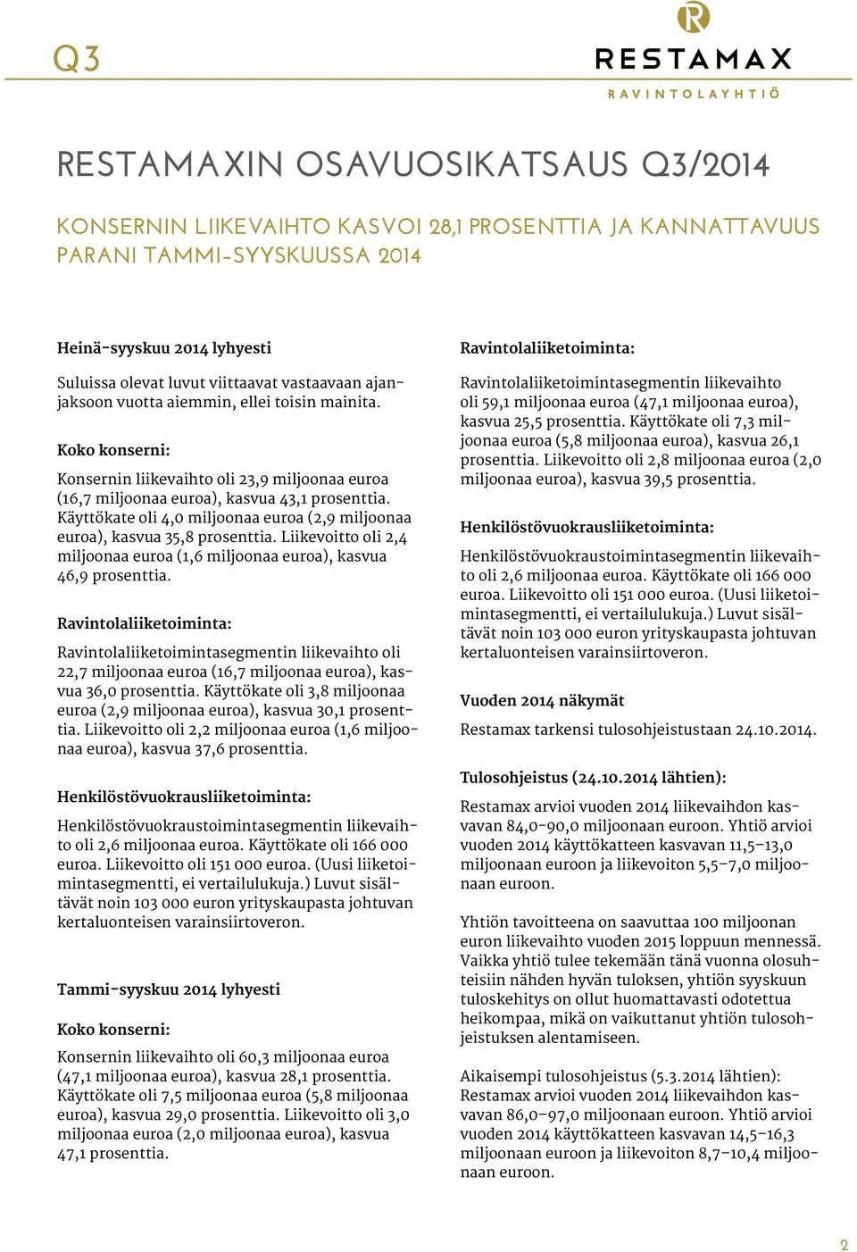 Käyttökate oli 4,0 miljoonaa euroa (2,9 miljoonaa euroa), kasvua 35,8 prosenttia. Liikevoitto oli 2,4 miljoonaa euroa (1,6 miljoonaa euroa), kasvua 46,9 prosenttia.