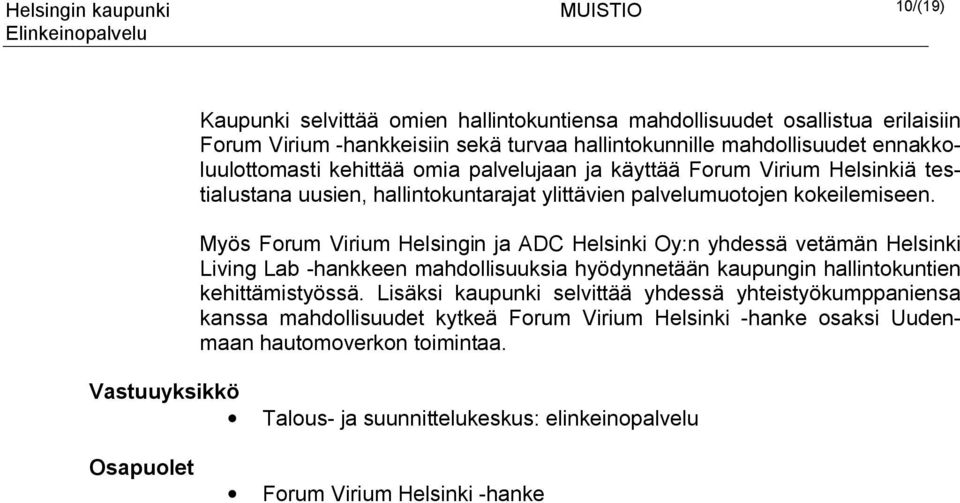 Myös Forum Virium Helsingin ja ADC Helsinki Oy:n yhdessä vetämän Helsinki Living Lab -hankkeen mahdollisuuksia hyödynnetään kaupungin hallintokuntien kehittämistyössä.