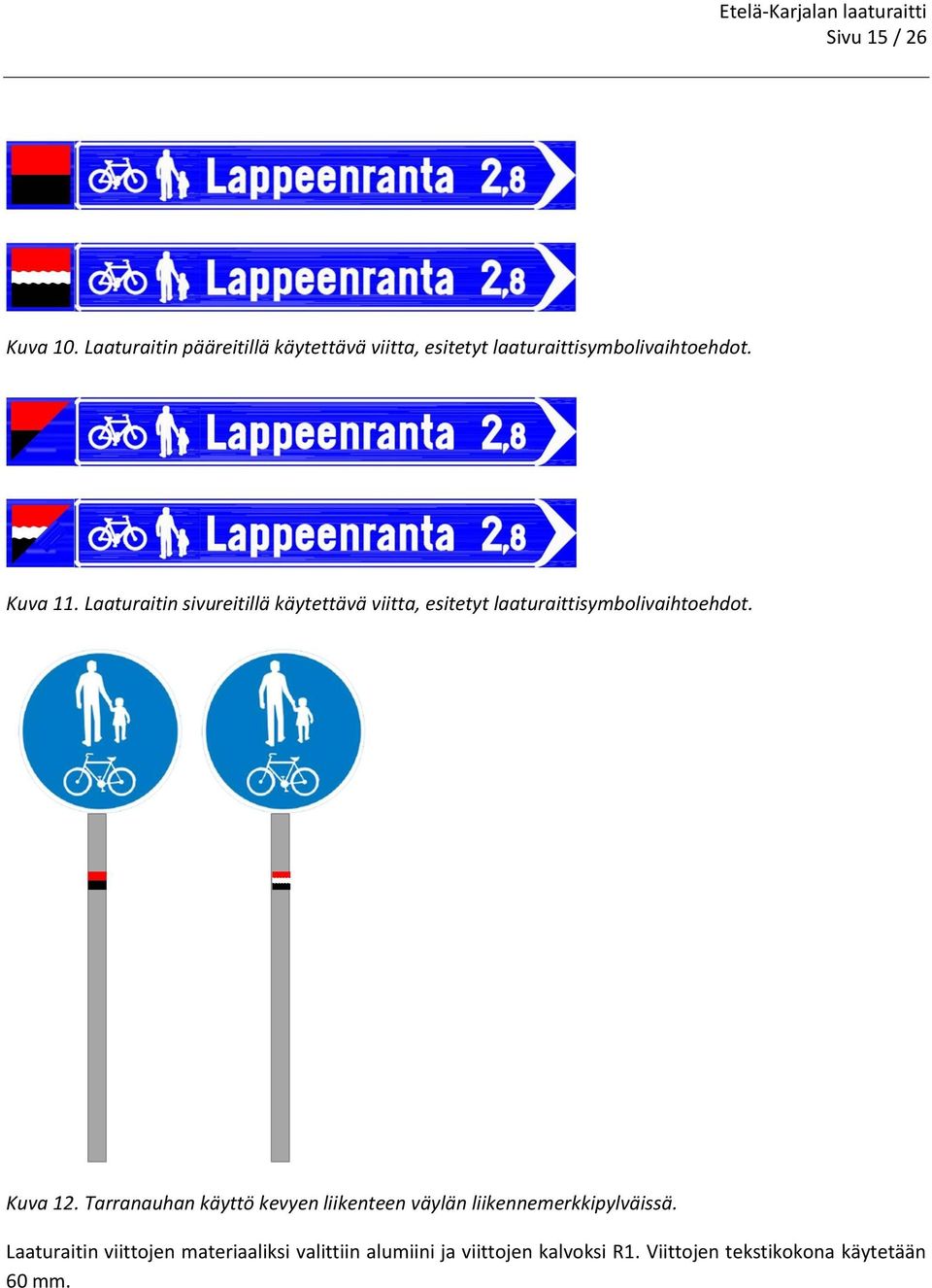 Laaturaitin sivureitillä käytettävä viitta, esitetyt laaturaittisymbolivaihtoehdot. Kuva 12.