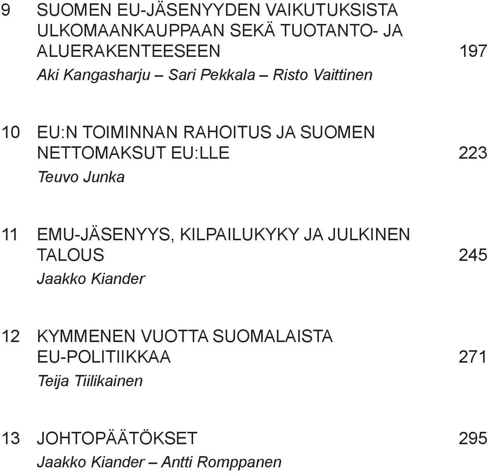 223 Teuvo Junka 11 EMU-JÄSENYYS, KILPAILUKYKY JA JULKINEN TALOUS 245 Jaakko Kiander 12 KYMMENEN