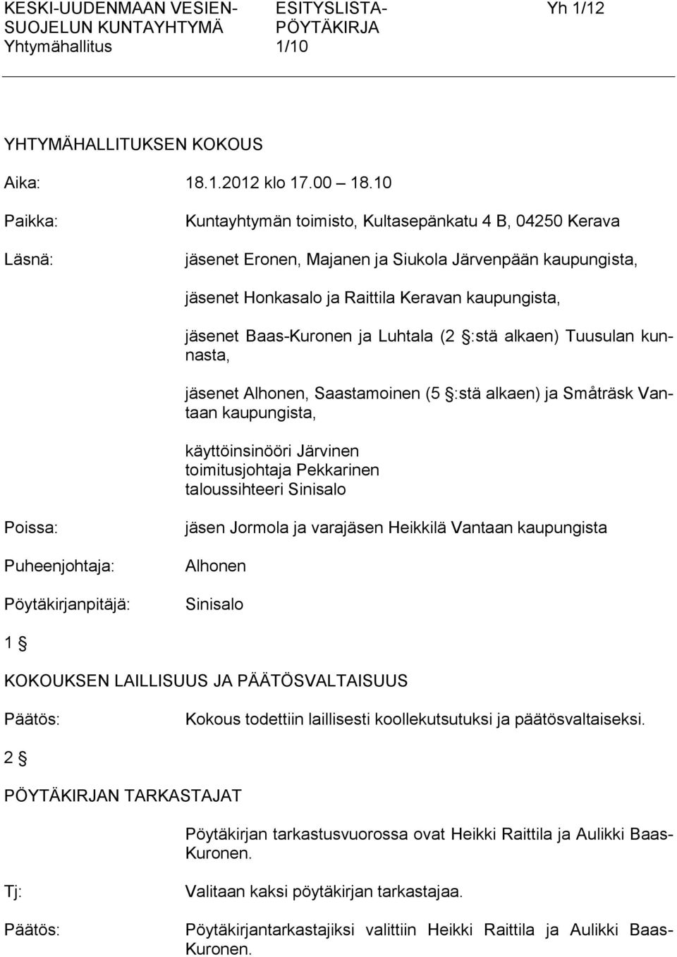 Baas-Kuronen ja Luhtala (2 :stä alkaen) Tuusulan kunnasta, jäsenet Alhonen, Saastamoinen (5 :stä alkaen) ja Småträsk Vantaan kaupungista, käyttöinsinööri Järvinen toimitusjohtaja Pekkarinen